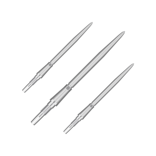 Target Swiss Storm Nano Point Dartspitzen - Silber Das Bild zeigt drei silberne Dartspitzen, die nebeneinander angeordnet sind. Sie haben eine feine Riffelung und sind aus Metall gefertigt.