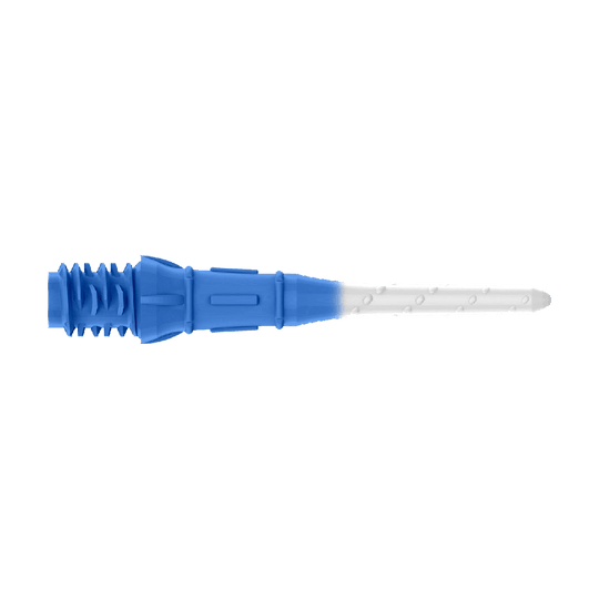 L-Style Premium Two Tone Lippoints (confezione da 30) Das Bild zeigt eine Dartspitze mit zwei Farben, dunkelblau und weiß. Der hintere Teil ist dunkelblau, während der vordere Teil weiß ist.