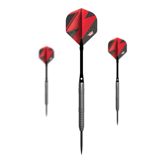 Bulls NL Lightning Freccette in acciaio rosse Das Bild zeigt drei Steeldarts mit silbernen Griffen und roten Flights. Es handelt sich um das Produkt "Bulls NL Lightning Red Steeldarts".