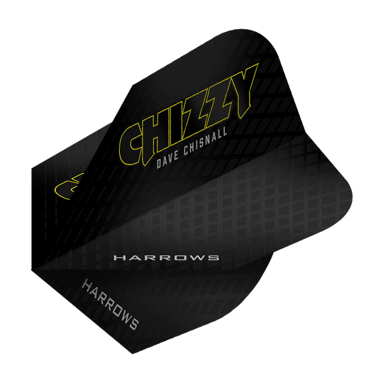Dave Chisnall Chizzy Series 3 Flights di Harrow Das Bild zeigt das Produkt „Harrows Dave Chisnall Chizzy Series 3 Flights“. Die Flights sind schwarz mit gelber Schrift und tragen den Namen „Chizzy“ sowie „Dave Chisnall“.