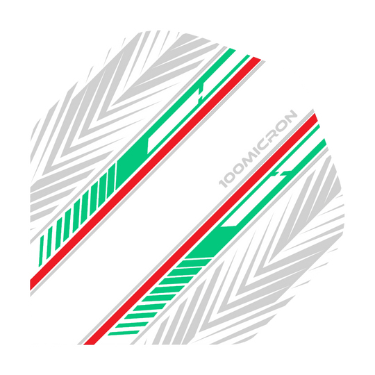 Voli Pentathlon bianchi/verdi/rossi Das Bild zeigt einen Pentathlon White Green Red No2 Standard Flight für Darts. Das Design besteht aus weißen, grünen und roten Streifen sowie grauen Pfeilmustern auf weißem Hintergrund.