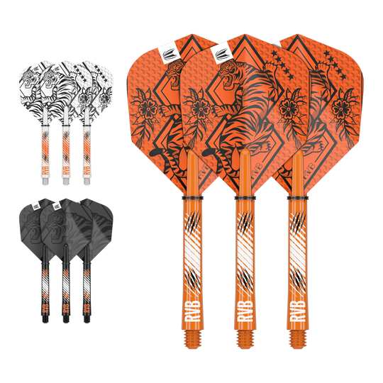Kit albero di volo dell'inchiostro Target Raymond Van Barneveld Auf dem Bild sind drei Sets von Dart-Flights und Schäften in den Farben Orange, Weiß und Schwarz zu sehen. Jedes Set ist mit einem Tiger-Design und den Initialen "RVB" verziert.