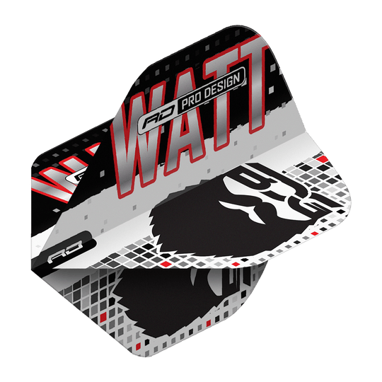 Red Dragon Hardcore Jason Watt BDG Premium No2 Voli Standard Das Bild zeigt die Red Dragon Hardcore Jason Watt BDG Premium No2 Standard Flights. Das Design ist in Schwarz, Weiß und Rot gehalten und trägt den Schriftzug "WATT" sowie eine stilisierte Grafik.