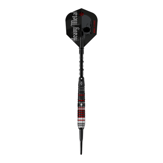 Das Bild zeigt einen Harrows Ryan Searle Heavy Metal Series 2 Softdart. Der Dartpfeil hat ein auffälliges Design mit schwarzen, roten und silbernen Akzenten sowie der Aufschrift "Heavy Metal" auf dem Flight.