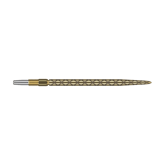 Punte per freccette Target Swiss Diamond Pro Gold Das Bild zeigt eine goldene Dartspitze mit einem diamantförmigen Muster. Die Spitze ist schmal und hat am vorderen Ende einen silbernen Bereich.
