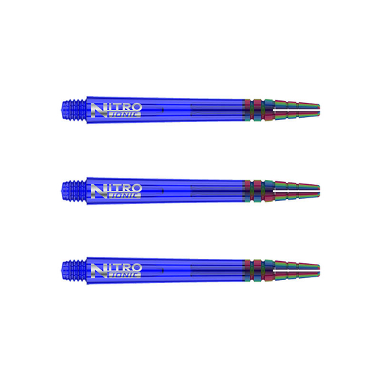 C606_Nitro_Ionic_Medium_Blue_Shafts Auf dem Bild sind drei blaue RedDragon Nitrotech Ionic Shafts zu sehen. Sie sind nebeneinander angeordnet und haben ein glänzendes, metallisches Aussehen.