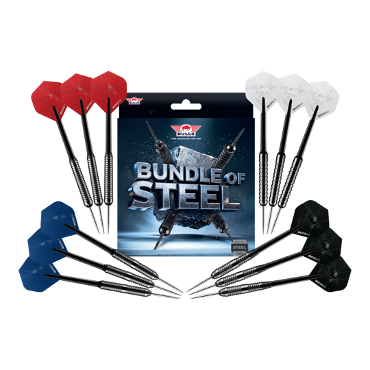 Set di freccette in acciaio Bulls NL - 4 set in ottone Zu sehen sind die Bulls NL Bundle Of Steel - 4 Sets Brass Steeldarts. Das Produkt bietet vier Sets Messing-Steeldarts für Dartspieler.