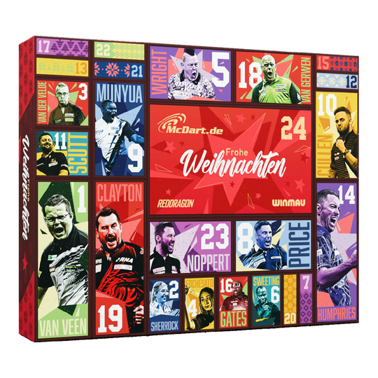 Calendario dell'Avvento 2026 con freccette in acciaio McDart Der McDart Steel-Darts Adventskalender 2026 ist abgebildet. Er enthält verschiedene Überraschungen für Dart-Fans.