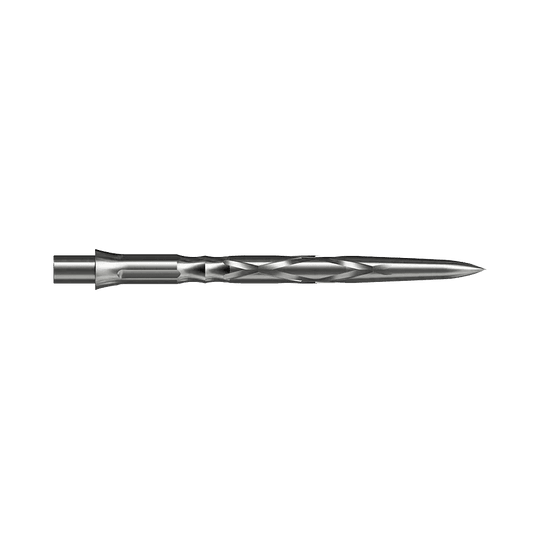 Punte per freccette in acciaio Caliburn System - HAN G2 - Argento Dies ist eine silberne Steeldartspitze mit einem gedrehten Design. Sie ist lang und schlank, ideal für präzises Werfen.