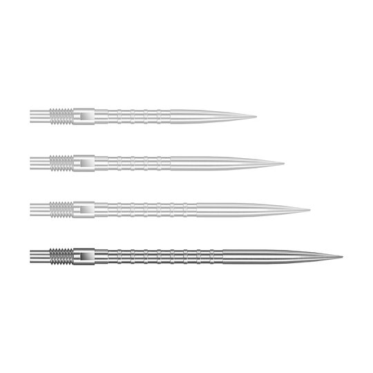 Zu sehen ist eine silberne Dartspitze Quick Point Heavy Metal Grip mit 40 mm Länge. Die Spitze ist detailliert abgebildet.