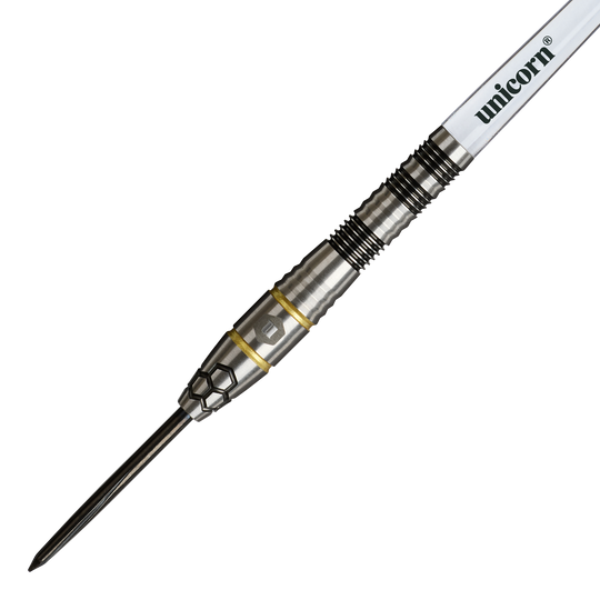 Freccette in acciaio Unicorn Hexium Style 01 nere e oro Auf diesem Foto sind die Unicorn Hexium Style 01 Black & Gold Steeldarts zu sehen. Die Darts heben sich durch ihr elegantes Design in Schwarz und Gold hervor.
