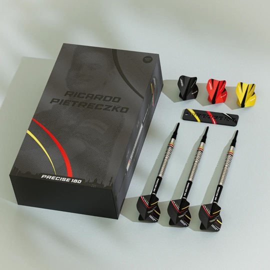 Freccette morbide di precisione 180 Ricardo Pietreczko GEN1 Zu sehen ist das Produkt Precise 180 Ricardo Pietreczko GEN1 Softdarts. Diese Darts wurden für professionelle Dartspieler entworfen.