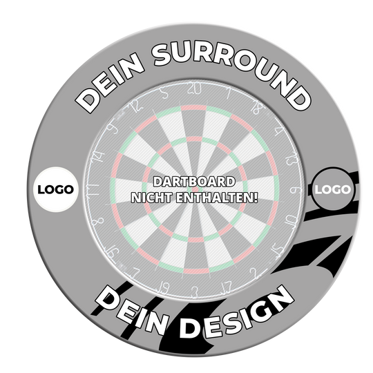Cornice per bersaglio con il tuo design Ein weiteres graues Dartboard-Surround mit individuellem Druck ist zu sehen. Die Ansicht zeigt eine andere Perspektive des Surrounds.