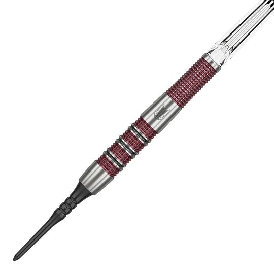 Freccette morbide Target Stephen Bunting 95K - 19 g Das Bild zeigt einen Target Stephen Bunting 95K Softdart mit einem Gewicht von 19 Gramm. Der Dart hat ein silbernes und rotes Griffdesign mit einer schwarzen Softspitze.