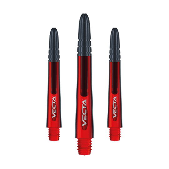 Auf dem Bild sind drei rote Winmau Vecta Shafts zu sehen. Die Schäfte haben schwarze Enden und tragen den Schriftzug "VECTA".