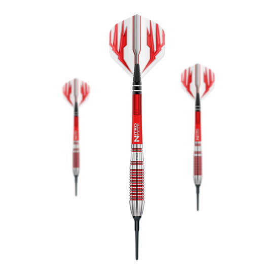 Freccette morbide Red Dragon Reflex - 22 g Das Bild zeigt drei Red Dragon Reflex Softdarts mit einem Gewicht von 22 g. Die Darts haben rote und silberne Griffe sowie weiße Flights mit roten Mustern.