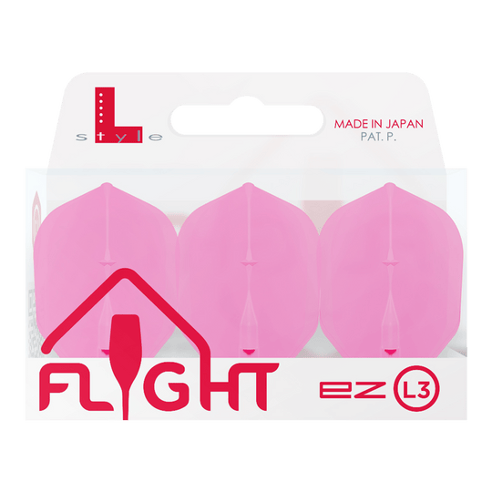 Voli L-L-Style3EZ Die Abbildung zeigt eine Packung mit drei pinken Dartflights der Marke L-Style. Auf der Verpackung steht "FLIGHT" und "MADE IN JAPAN".