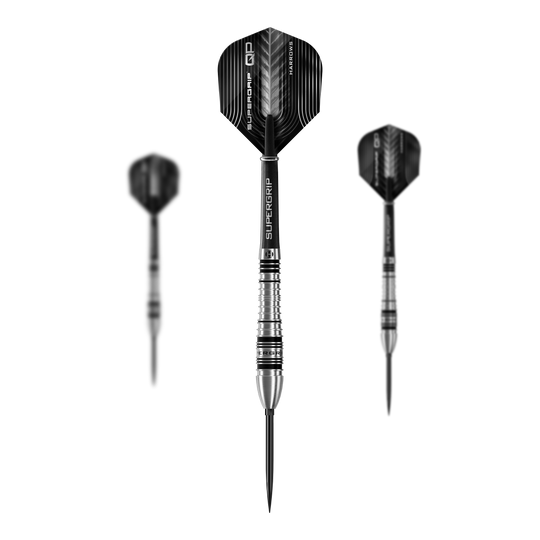 Freccette in acciaio Harrows Supergrip Bomb Quick Point Dieses Bild präsentiert das Set der Harrows Supergrip Bomb Quick Point Steeldarts. Das Set enthält mehrere hochwertige Darts für das Spiel.