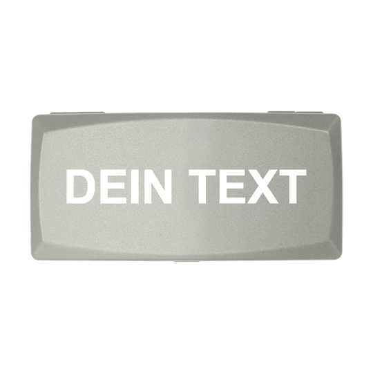 Scatola in ABS con stampa personalizzata Auf dem Bild ist eine graue Box zu sehen. Auf der Box steht in weißen Buchstaben "DEIN TEXT".