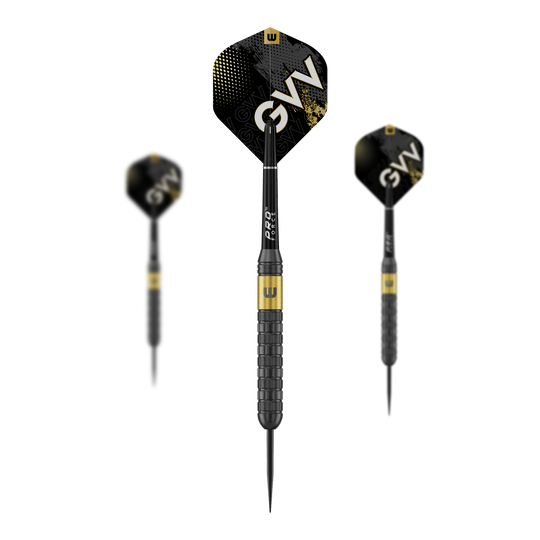 Winmau Gian Van Veen Core Brass Steeldarts - 21g Abgebildet ist ein Set von Winmau Gian Van Veen Core Brass Steeldarts 21g. Die drei Darts sind nebeneinander angeordnet.