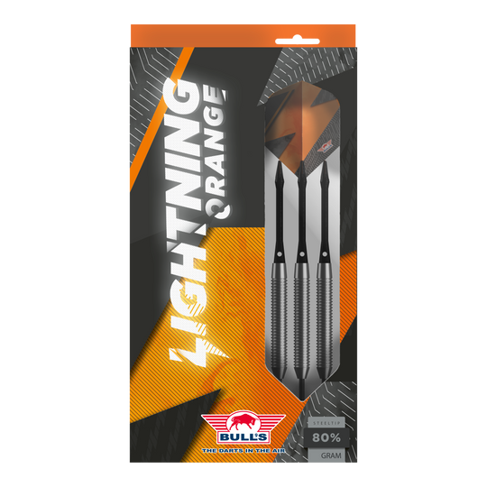 Bulls NL Lightning Freccette in acciaio arancioni Das Bild zeigt die Verpackung der "Bulls NL Lightning Orange Steeldarts". In der Packung befinden sich drei Steeldarts mit orange-schwarzem Design.