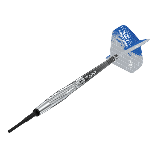 Bulls Martin Schindler Original Generation 2 freccette morbide Das Bild zeigt den Softdart "Bulls Martin Schindler Original Generation 2". Der Dartpfeil hat einen silbernen, geriffelten Barrel und blaue Flights mit weißem Muster.