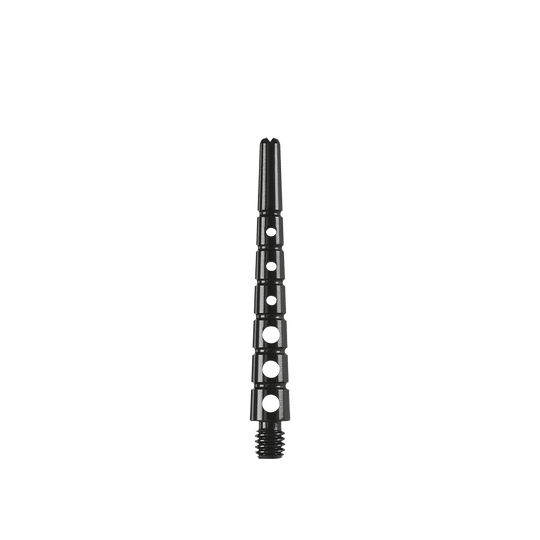 901941_Harrows_Graflite_Shafts_Schwarz_11bSMzeGzjzeGV Das Bild zeigt einen Harrows Graflite Shaft in der Länge 41 mm. Der Dartshaft ist schwarz und hat mehrere runde Aussparungen im Schaft.