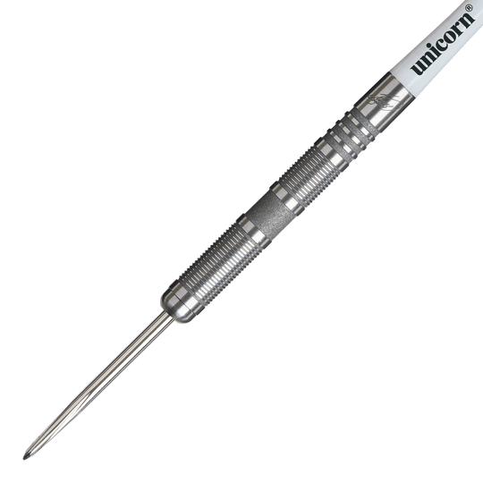 Unicorn James Wade The Machine Range Fase 4 Steeldarts Das Bild zeigt einen Unicorn James Wade The Machine Range Phase 4 Steeldart. Der Dartpfeil ist silberfarben und hat eine geriffelte Griffzone für besseren Halt.