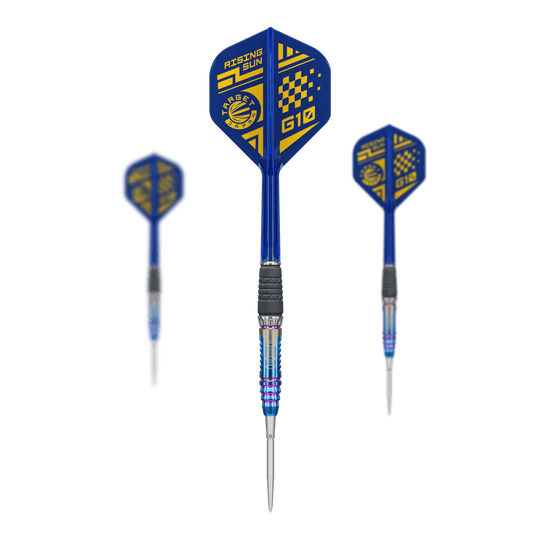 Freccette in acciaio Target Japan Rising Sun GEN10 Swiss Point Abgebildet sind die Target Japan Rising Sun GEN10 Swiss Point Steeldarts als komplettes Set. Die Darts werden mit Schaft und Flights präsentiert.