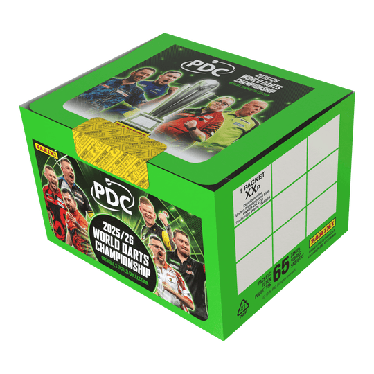 Panini PDC World Darts Championship 2025/26 - Scatola di adesivi con 65 pacchetti Abgebildet ist die Panini PDC World Darts Championship 2025/26 Stickerbox mit 65 Tüten. Diese Box enthält Stickertüten zum Sammeln von Motiven des Darts-Turniers.