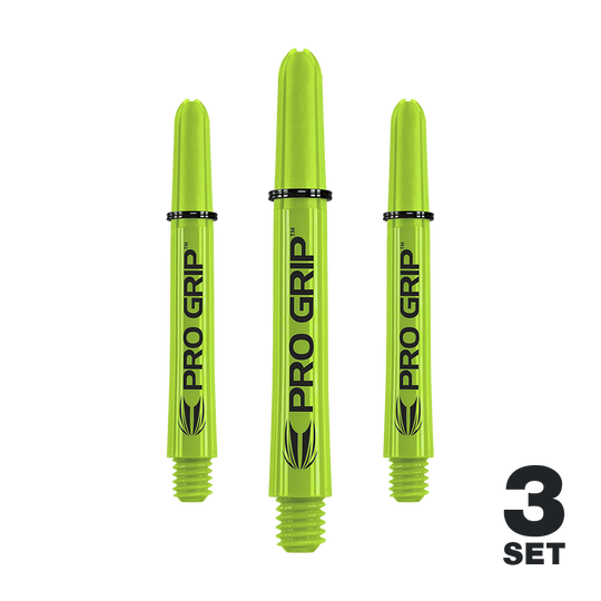 Target Pro Grip Shafts - 3 set - Verde lime Das Bild zeigt drei limegrüne Pro Grip Shafts für Darts. In der rechten unteren Ecke steht "3 SET".
