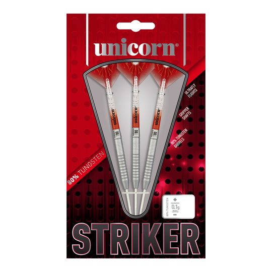 Unicorn Core XL Striker Style 5 freccette in acciaio Das Bild zeigt die Verpackung der "Unicorn Core XL Striker Style 5 Steeldarts". In der Packung befinden sich drei Steeldarts mit silbernen Schäften und roten Flights.