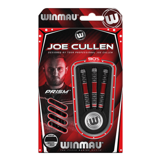 Freccette morbide Winmau Joe Cullen Rockstar Series RS1 - 20 g Die Abbildung zeigt die Winmau Joe Cullen Rockstar Series RS1 Softdarts mit 20g Gewicht. Die Darts sind in einer rot-schwarzen Verpackung und enthalten 90% Tungsten.