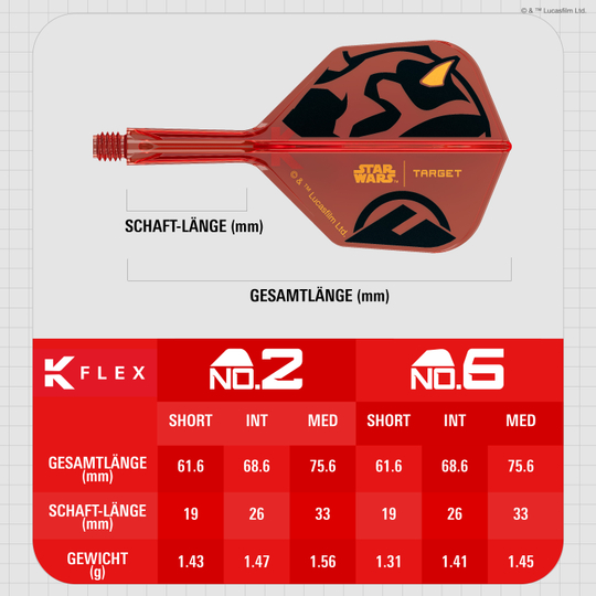 Voli Target Star Wars K-Flex Darth Maul No6 Das Bild zeigt die Target Star Wars K-Flex Darth Maul No6 Flights. Die Dartflights sind im Stil von Darth Maul aus Star Wars gestaltet.