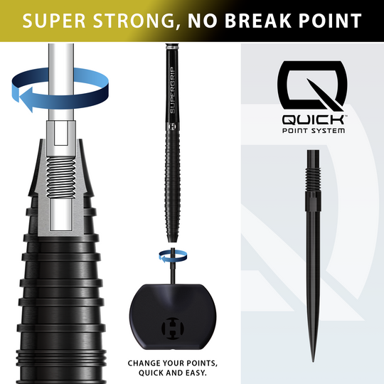 Freccette in acciaio coniche Harrows NX90 Black Edition Quick Point Auf dem Bild sind die Harrows NX90 Black Edition Tapered Quick Point Steeldarts zu sehen. Diese schwarzen Steeldarts sind für Präzision und Kontrolle konzipiert.