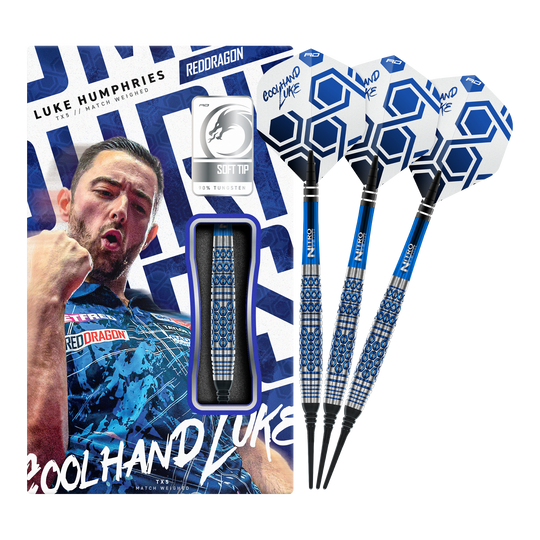 Das Foto zeigt die Red Dragon Luke Humphries TX5 Softdarts - 20g in voller Länge. Sie sind für das Softdartspiel ausgelegt und wiegen 20 Gramm.