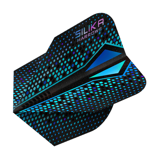 Harrows Silika Colorshift Rivestimento cristallino resistente Blue-X No6 Alette Das Bild zeigt einen Harrows Silika Colourshift Tough Crystalline Coating Blue-X No6 Flight. Das Dart-Flight hat ein schwarzes Design mit blauen und türkisfarbenen Punkten und geometrischen Mustern.