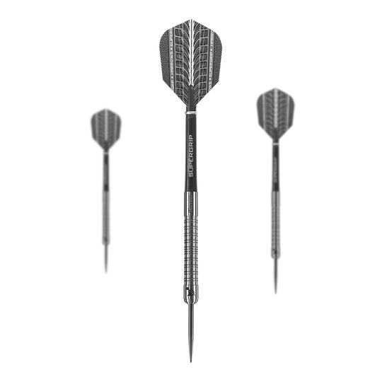 Freccette Harrows Supergrip in acciaio al tungsteno al 90%. Das Bild zeigt drei Harrows Supergrip 90% Tungsten Steeldarts. Die Darts haben ein silbernes Design mit schwarzem Schaft und Flight.