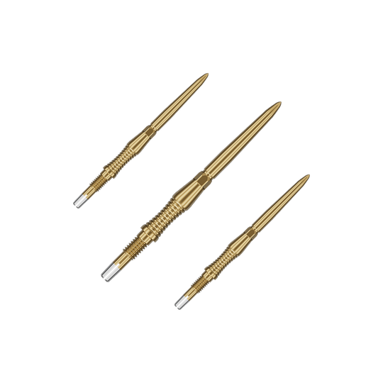 Punte per freccette Target Swiss Point Signature RST - Oro Das Bild zeigt ein Set von goldenen Target Swiss Point Dartspitzen Signature RST mit 30mm Länge. Die Spitzen sind ordentlich nebeneinander angeordnet.