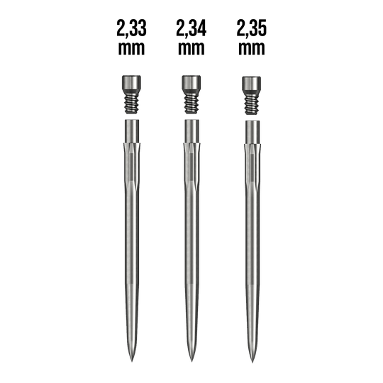 Kit di avviamento Caliburn Das Bild zeigt drei metallische Stifte mit unterschiedlichen Durchmessern: 2,33 mm, 2,34 mm und 2,35 mm. Sie gehören zum Produkt "Caliburn Starter-Kit."