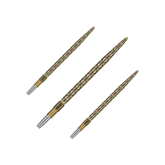 Punte per freccette Target Swiss Diamond Pro Gold Das Bild zeigt drei goldfarbene Dartspitzen mit einem rautenförmigen Muster. Sie sind nebeneinander auf einem weißen Hintergrund angeordnet.