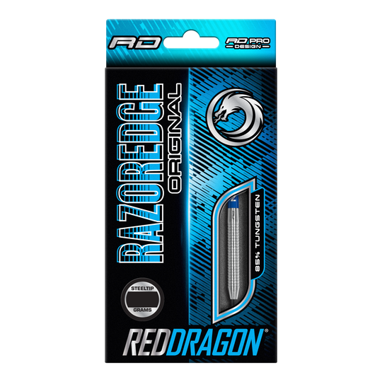 Freccette in acciaio originali Red Dragon Razor Edge Die Verpackung zeigt die "Red Dragon Razor Edge Original Steeldarts" mit einem Gewicht von 24 Gramm. Das Design ist blau-schwarz und hebt hervor, dass die Darts aus 95 % Tungsten bestehen.