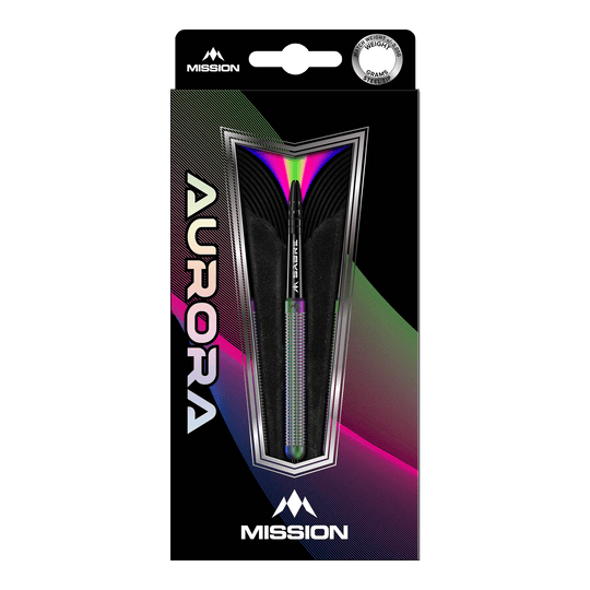 Freccette in acciaio PVD Mission Aurora Coral - 23 g Die Abbildung zeigt die Mission Aurora Coral PVD Steeldarts mit einem Gewicht von 23g in ihrer Verpackung. Das Design der Verpackung ist modern und farbenfroh, mit auffälligen Regenbogen-Effekten.