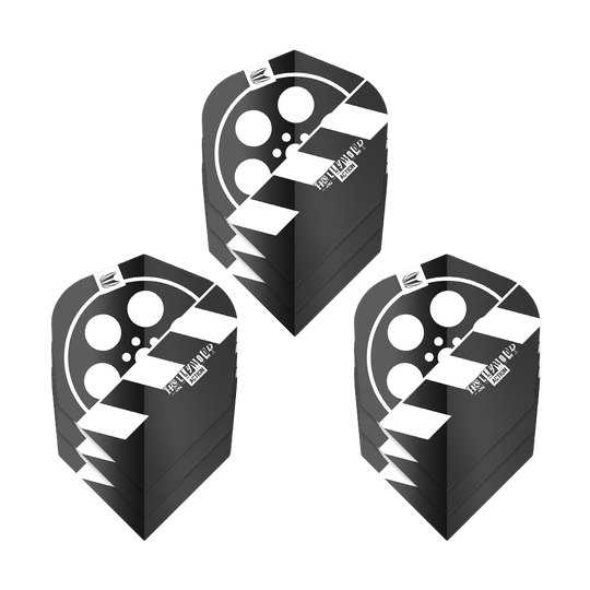 Target Pro Ultra Chris Dobey Hollywood Action No.6 Flights - 3 set Das Bild zeigt drei Sets von schwarzen Dartflights mit einem Filmrollen-Design. Auf den Flights steht „HOLLYWOOD ACTION“ und sie gehören zum Produkt „Target Pro Ultra Chris Dobey Hollywood Action No6“.