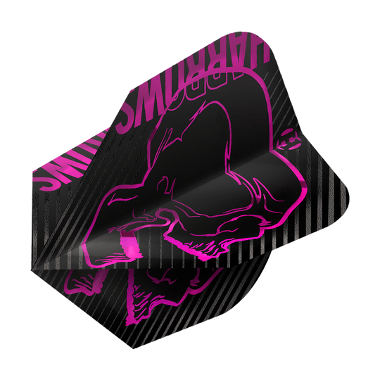 Voli Harrows Rage Pink No6 Dies ist ein Dartflight des Modells „Harrows Rage Pink No6“. Das Design ist schwarz mit einem auffälligen pinken Totenkopf und den Worten „Harrows“ in Pink.