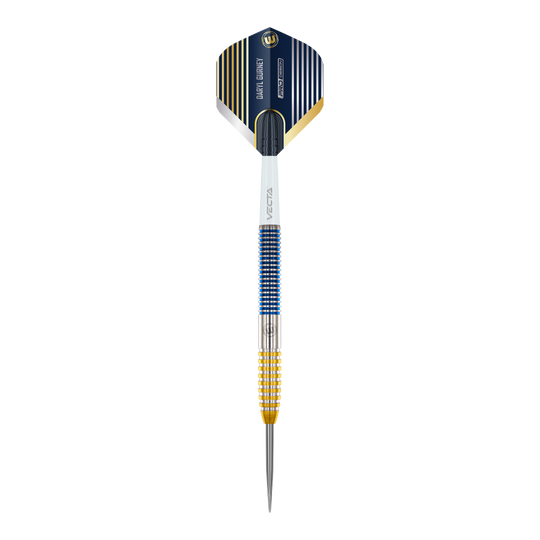 Freccette in acciaio Winmau Daryl Gurney SC 1.0 Series - 23 g Dies ist ein Winmau Daryl Gurney SC 1.0 Series Steeldart mit einem Gewicht von 23g. Der Dart hat ein auffälliges Design mit blauen, goldenen und silbernen Akzenten.