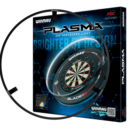 PACCHETTO Illuminazione e surround LED al plasma Winmau Das Bild zeigt das Produkt "Winmau Plasma LED Beleuchtung und Surround Bundle" in seiner Verpackung. Es enthält eine LED-Beleuchtung für ein Dartboard sowie einen Schutzring.