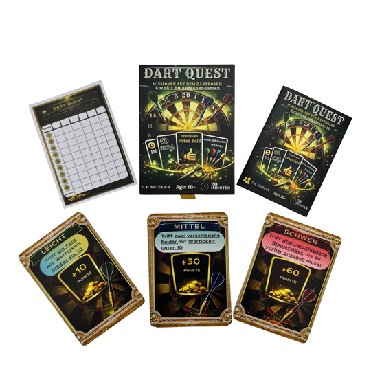 Gioco di carte Dart Quest Auf diesem Bild sieht man das Dart Quest Kartenspiel. Es sorgt für Spaß und Abwechslung.