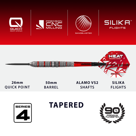 Freccette in acciaio Quick Point Damon Heta Series 4 di Harrow Dieses Bild zeigt die Harrows Damon Heta Series 4 Quick Point Steeldarts. Sie sind für den Gebrauch beim Steeldartspiel konzipiert.