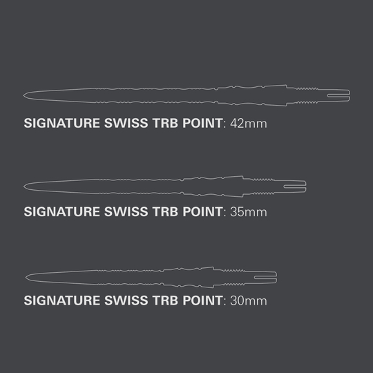Punte per freccette Target Signature Swiss Point TRB in acciaio - argento Das Foto zeigt die Target Signature Swiss Point TRB Steeldartspitzen in der Farbe Silber. Sie sind ideal für den professionellen Einsatz im Dartsport.